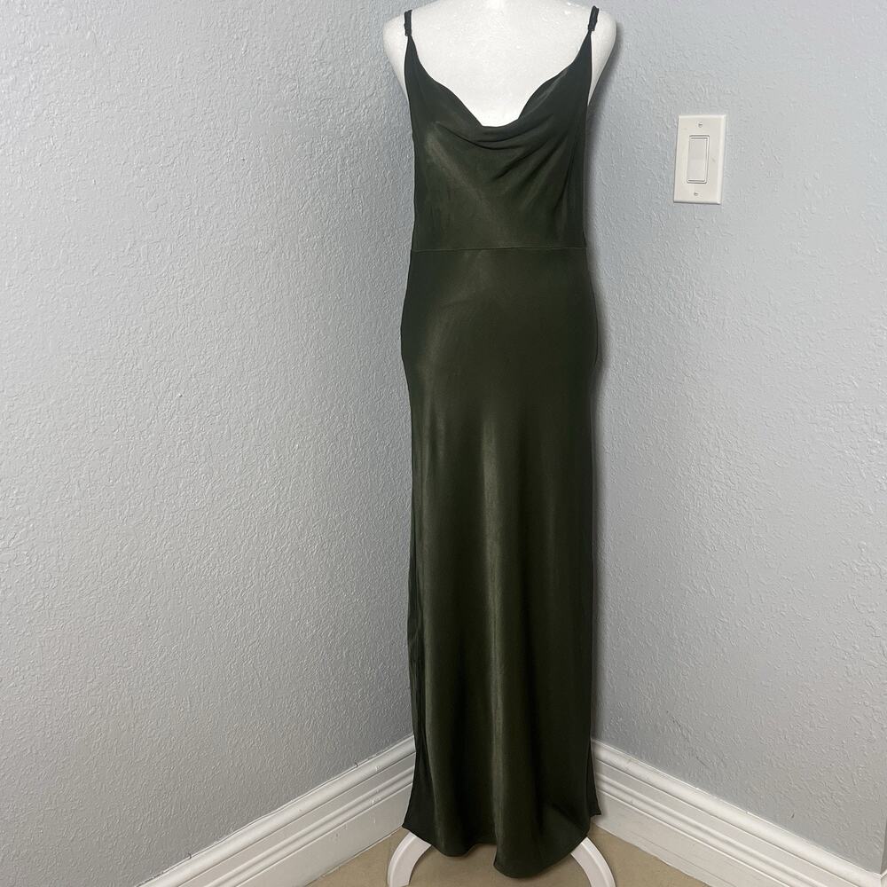 Anthropologie Elyse Satin Slip Dress Cowl Neck Midi Moss Green Size Small